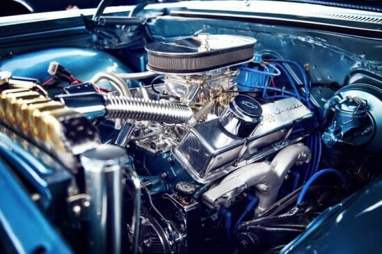 A close up look of an engine of a car