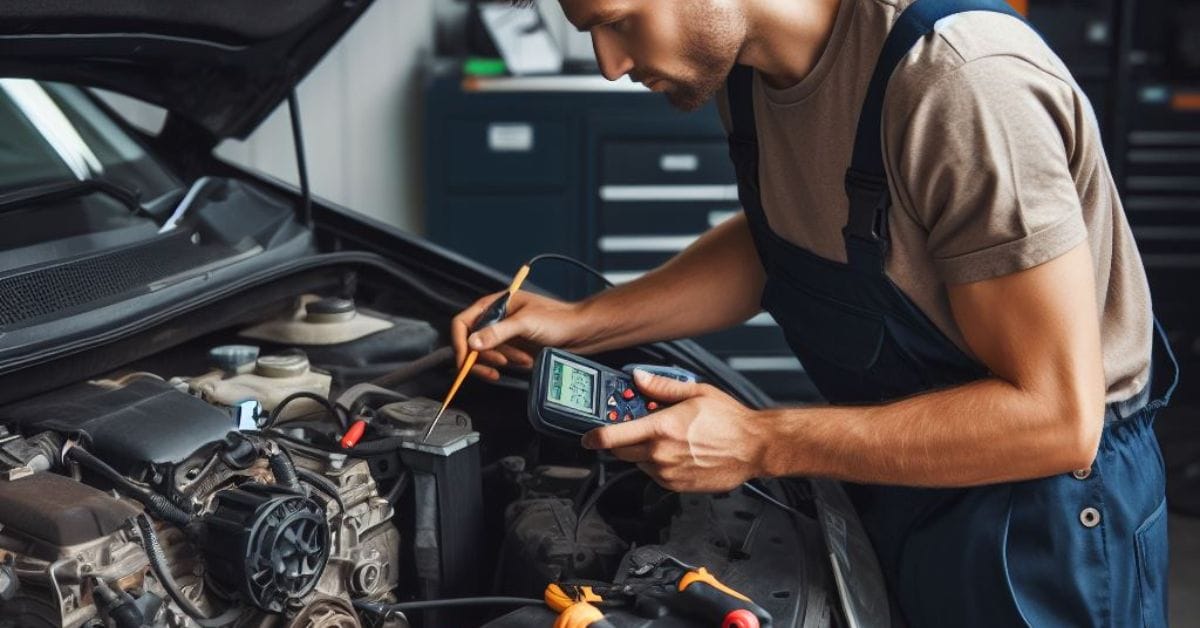 A mechanic using a multimeter to test a car's alternator