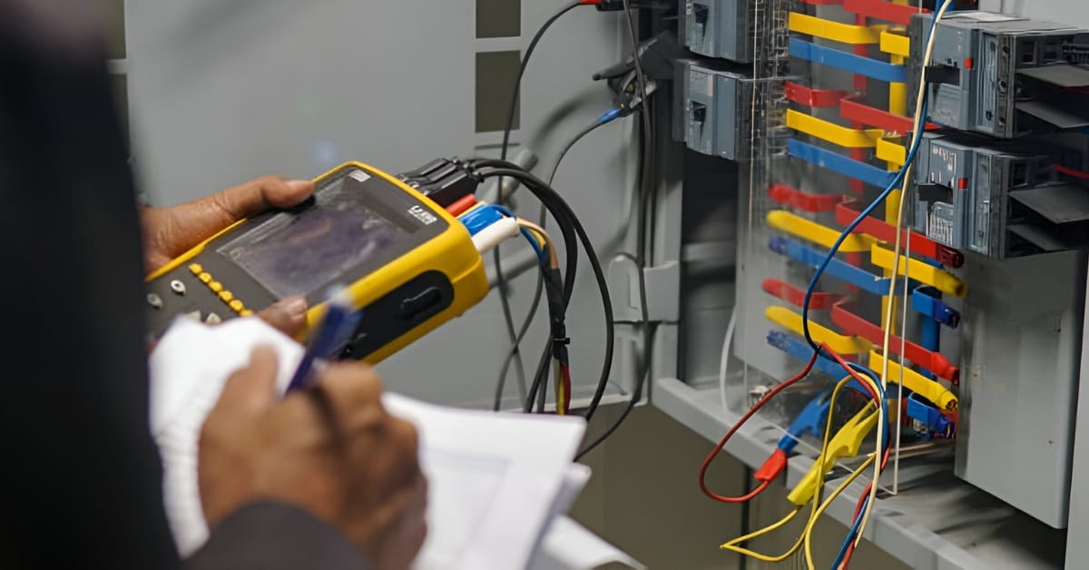 A man in a suit is working on an electrical panel using a true RMS multimeter