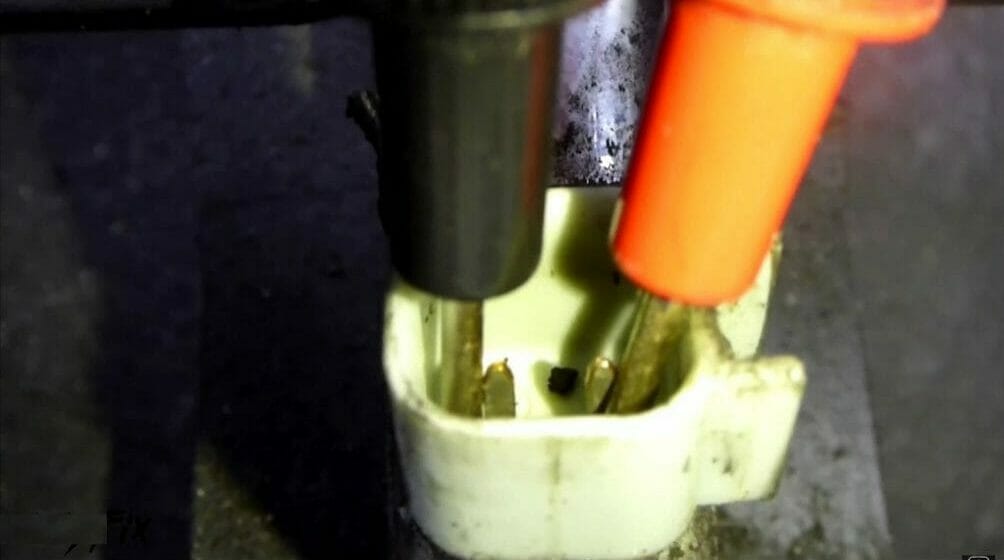 red lead on one prong and the black lead on the other prong