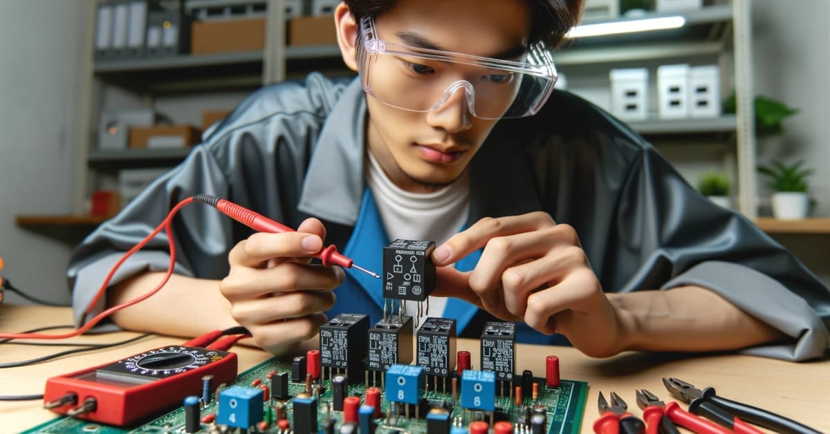 A man is testing a relay with a multimeter