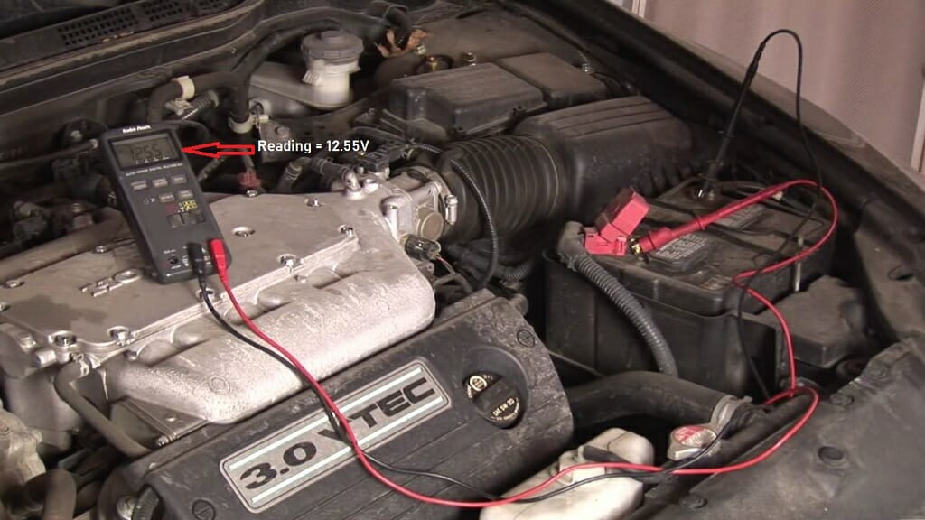 checking the multimeter with a voltage reading at 12.55v