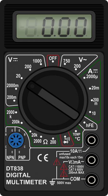 Black DT838 digital multimeter at an initial reading of 0.00v