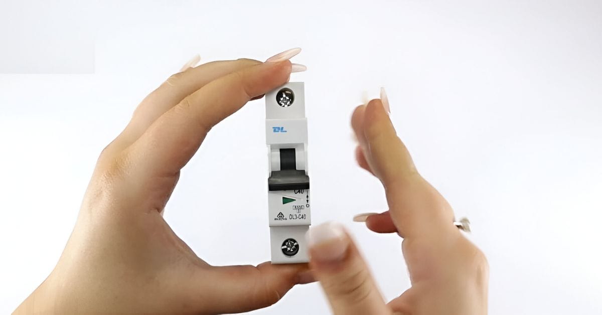 A woman with long nails holding a DL-40amp circuit breaker