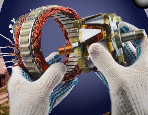 mechanic with gloves on his hand holding automobile alternator