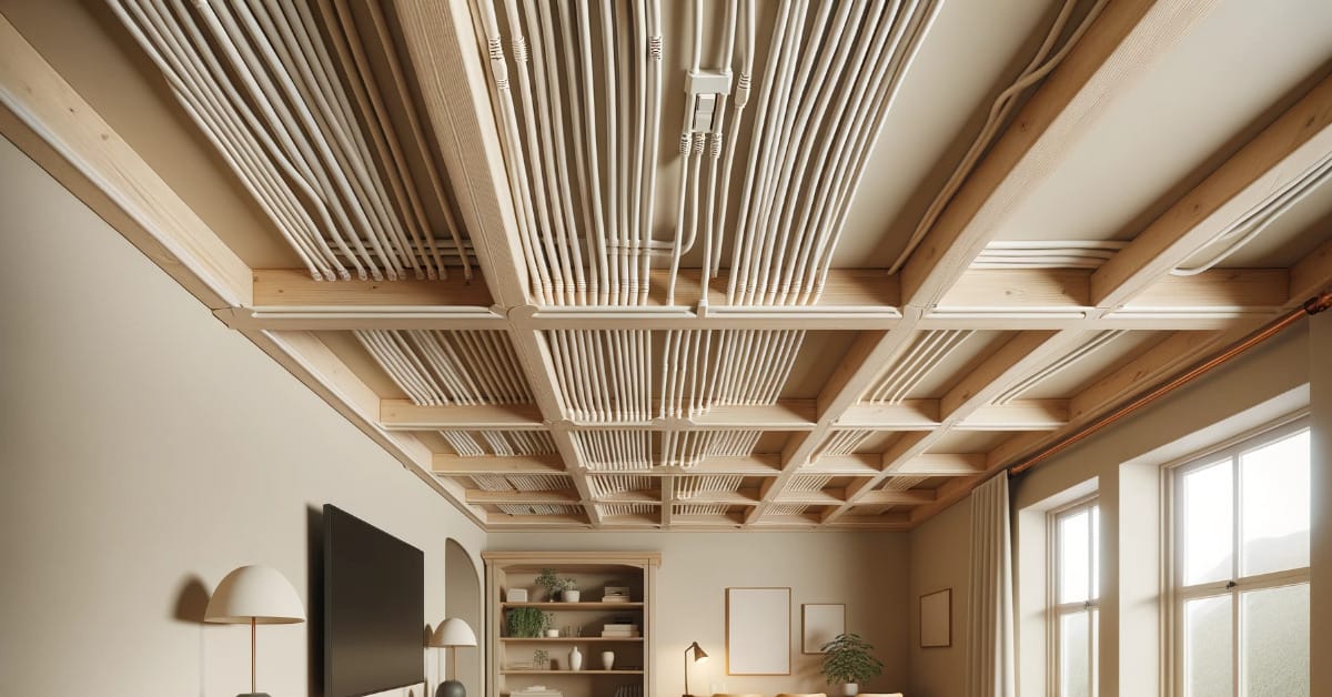 A living room with a wooden ceiling and hidden wires in the exposed area.