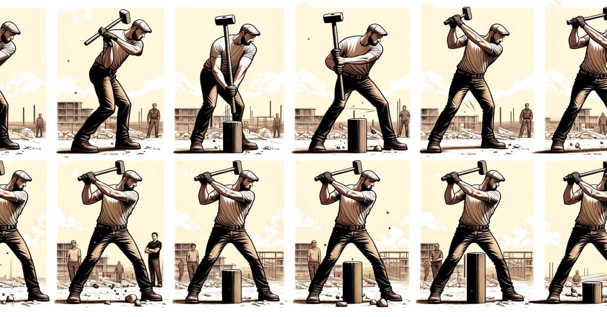 A series of drawings demonstrating how to swing a hammer.