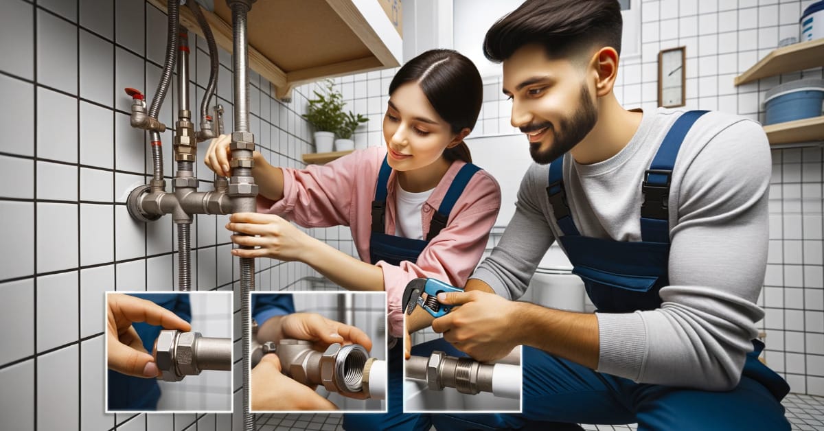 A man and woman fixing a faucet