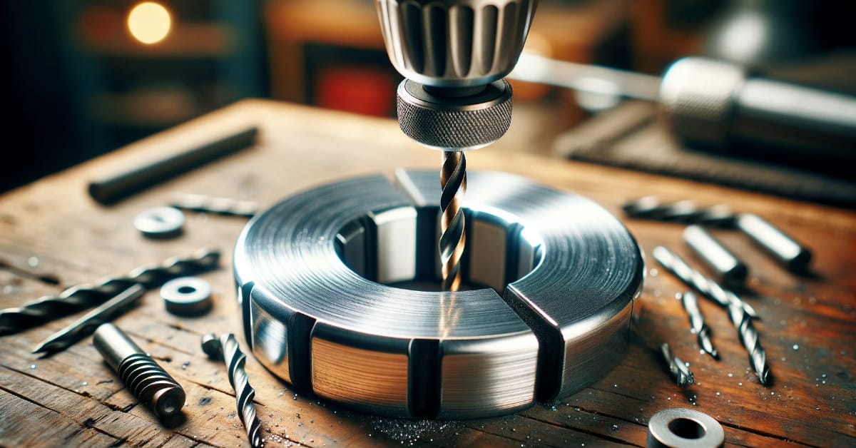 A drill is being used to drill a hole in a piece of wood.
