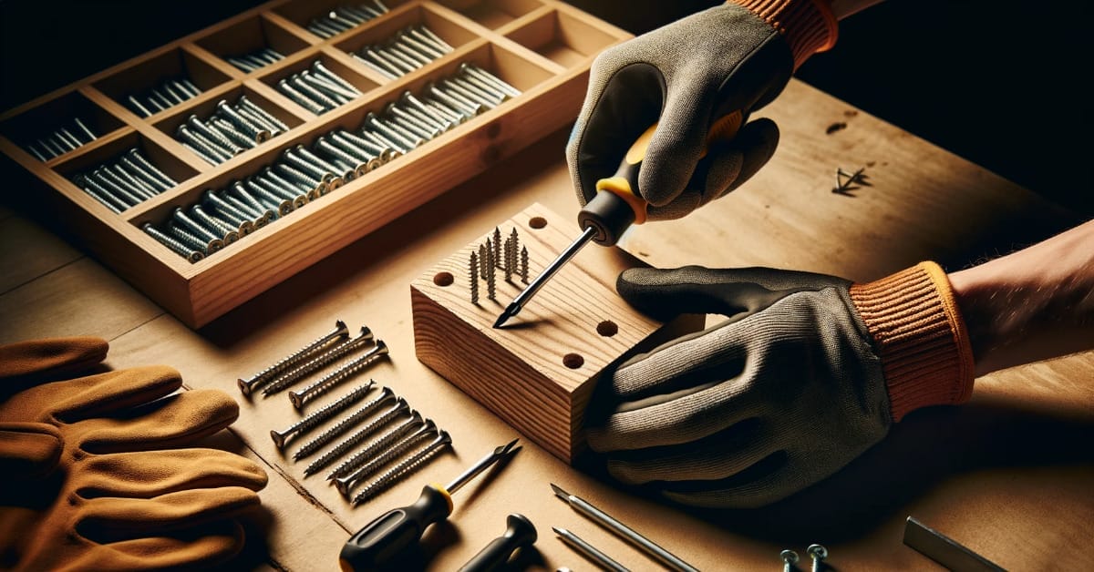 A person is working on a piece of wood with a screwdriver
