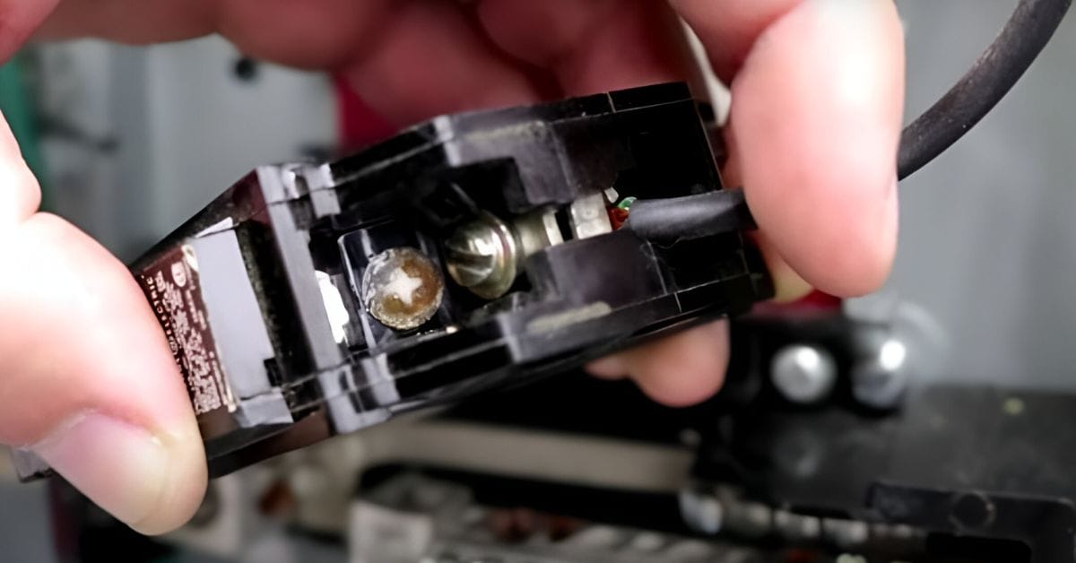 A hand pulling out a circuit breaker on a main panel