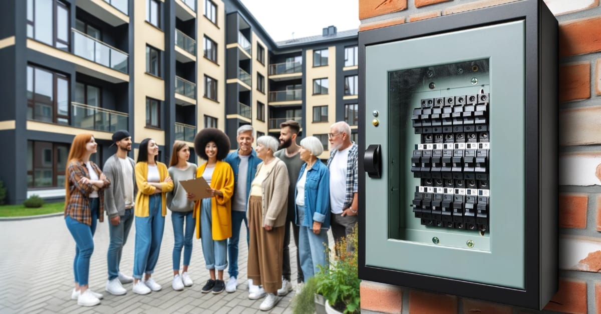 A group of people standing in front of an electrical box, discussing tenants' access to the breaker panel.