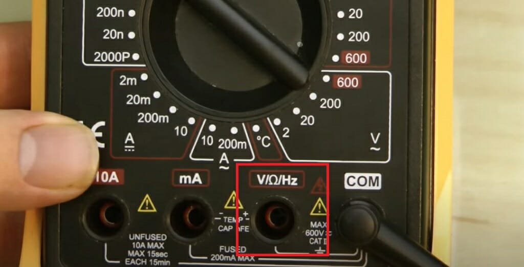 input jacks of a multimeter for voltage setting
