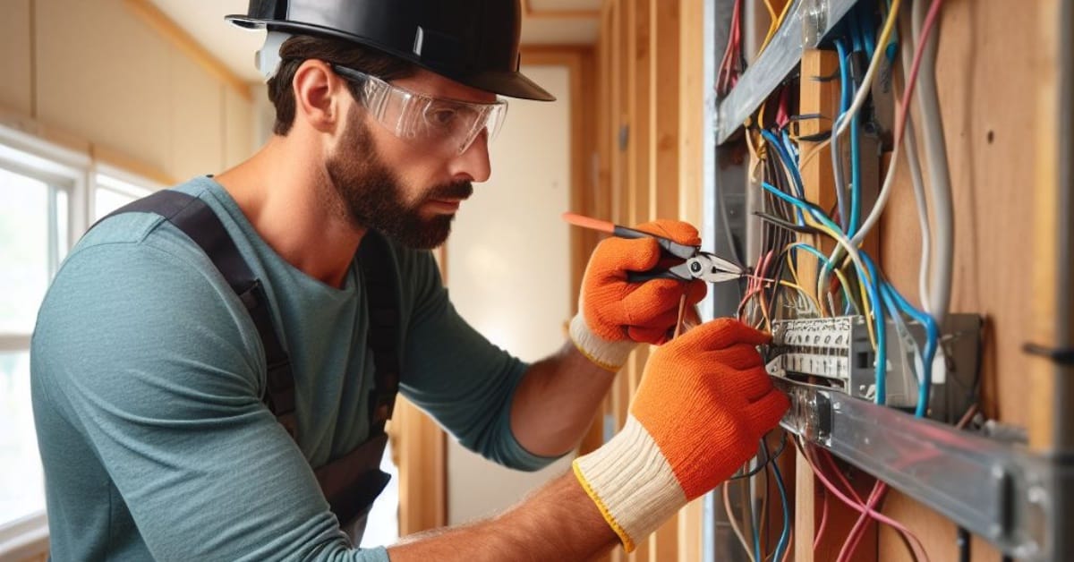A man is working on electrical wiring in a mobile home
