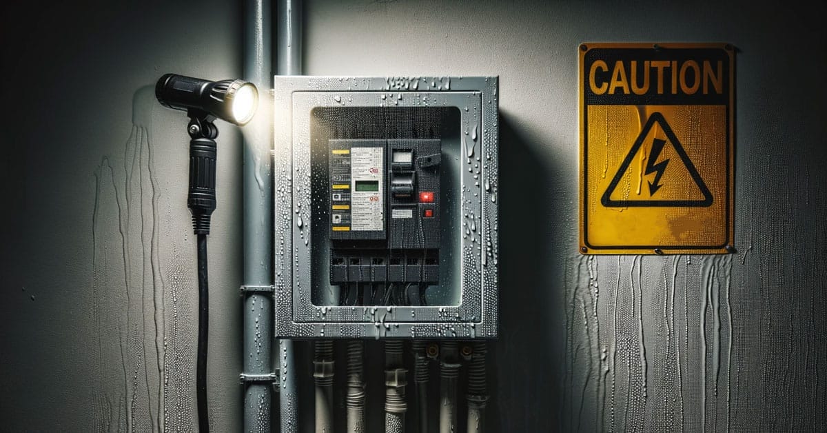 A circuit breaker with a caution sign on it, providing guidance on what to do if the breaker box gets wet.