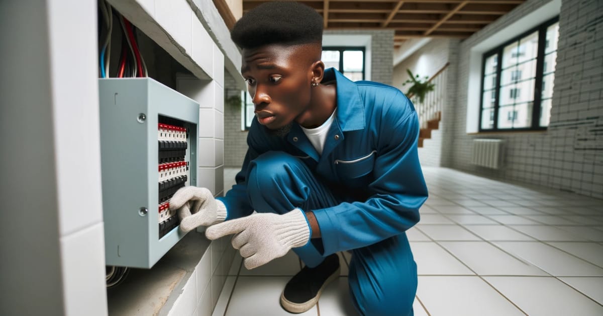 An experienced electrician, equipped with safety gear, is diligently fixing an electrical panel in a residential setting.