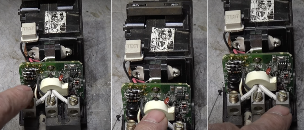 three views of an open double-pole GFCI breaker