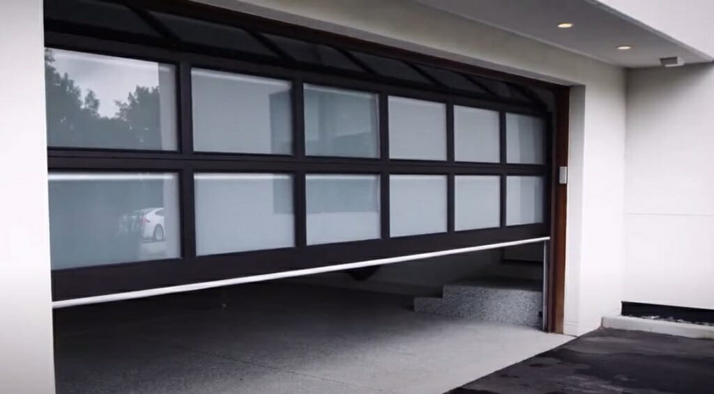 a black and glass garage door