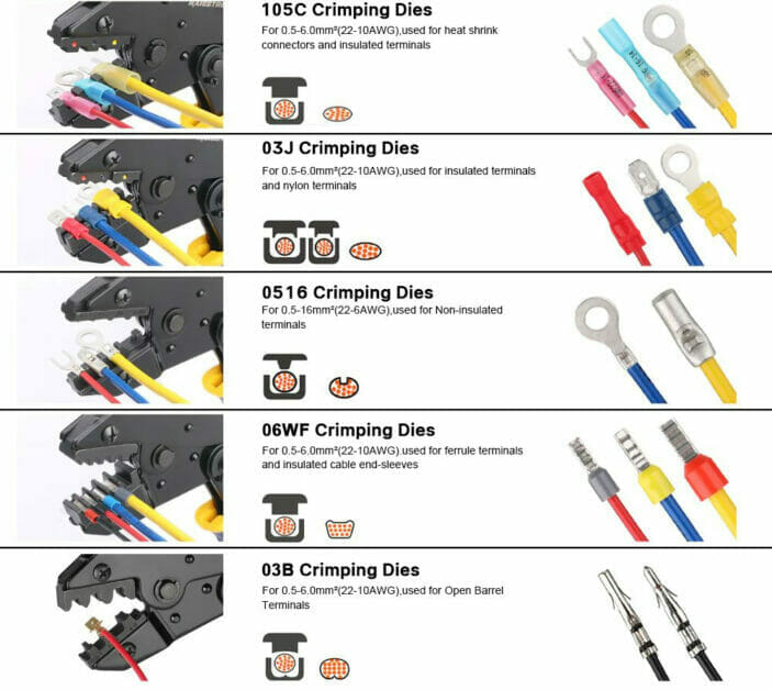 sample of different connectors that a typical crimping tool 