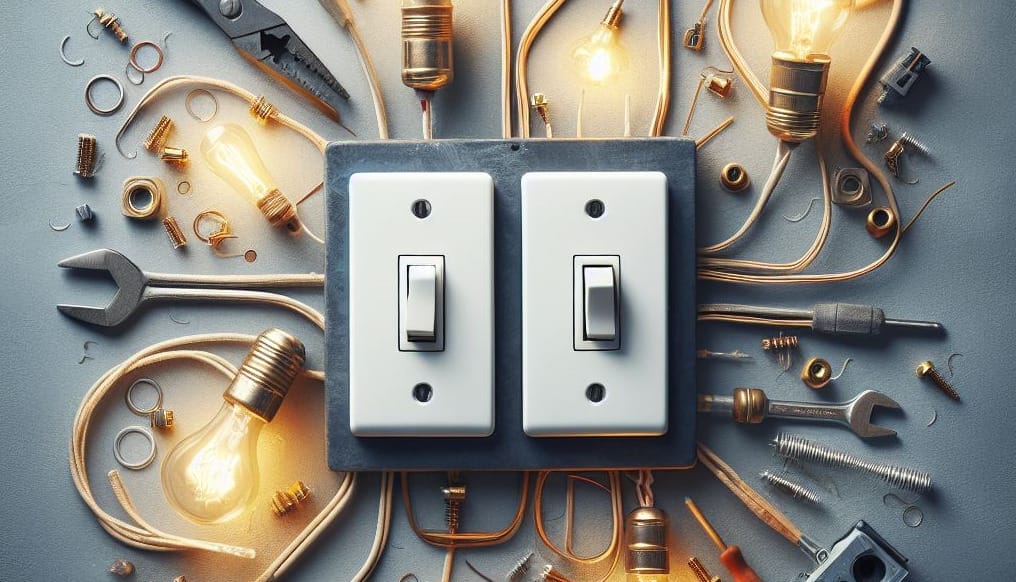 Tools for wiring two light switches are present.