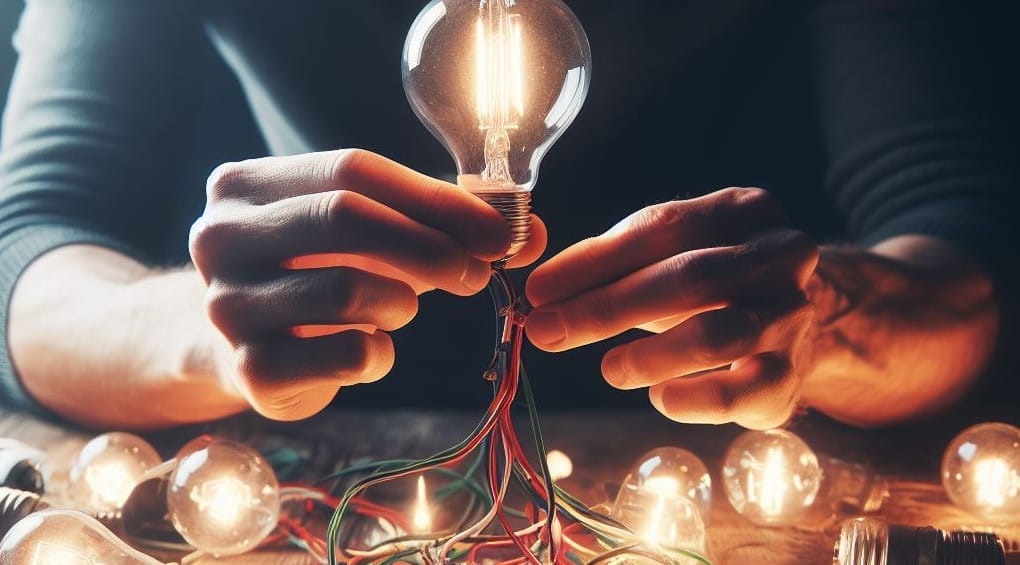 A man demonstrates how to wire a light bulb in series.