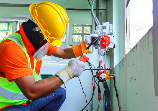 An electrician working on a wire