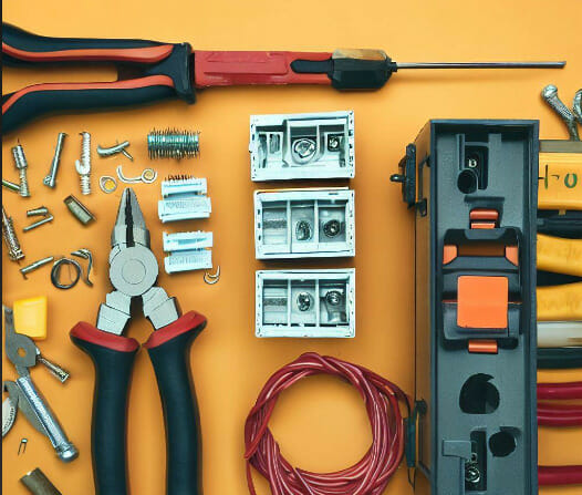 A top shot of a different wiring tools in a yellow background