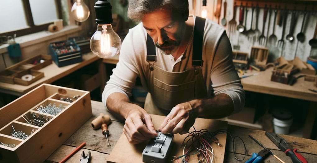 A man is working on electrical equipment in a workshop, learning how to wire a 3 way dimmer switch.