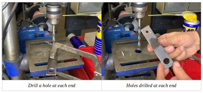 A person drilling a hole to a piece of rectangular metal using a drilling machine