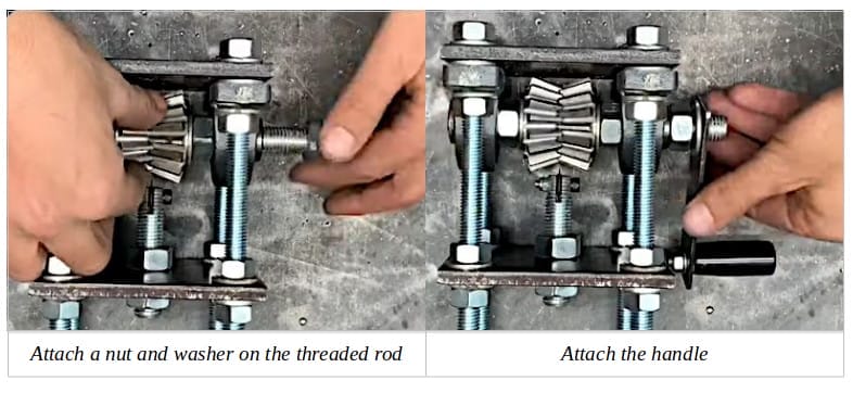 Two image of a person attaching a nut and washer on the threaded rod and then attaching it to the handle