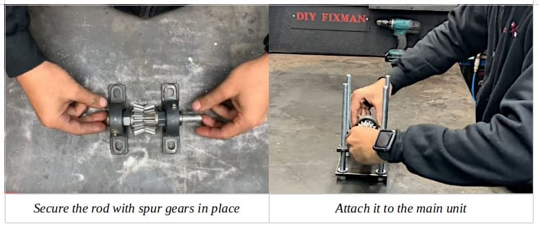 Two image of a person showing how to secure the rod with spur gears and attach it to the main unit