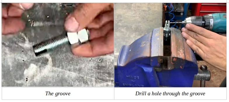Two image showing a person holding the groove and drilling a hole through it with the use of a machine