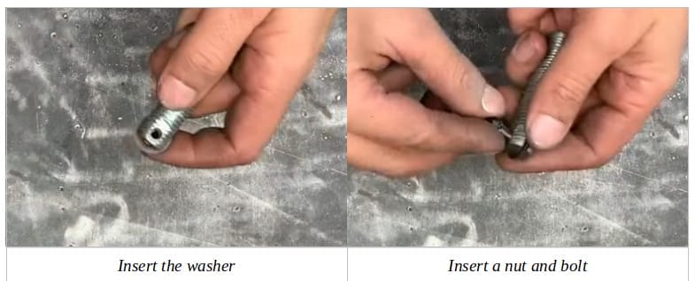 Two image of a person inserting the washer, and the nut and bolt