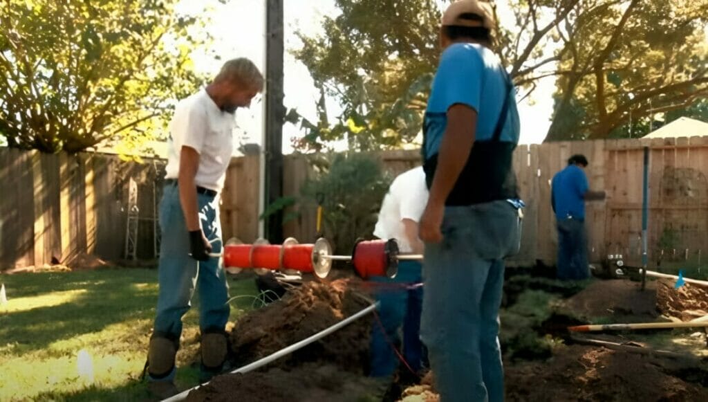 A group of men working on conductors used for wiring a sprinkler system