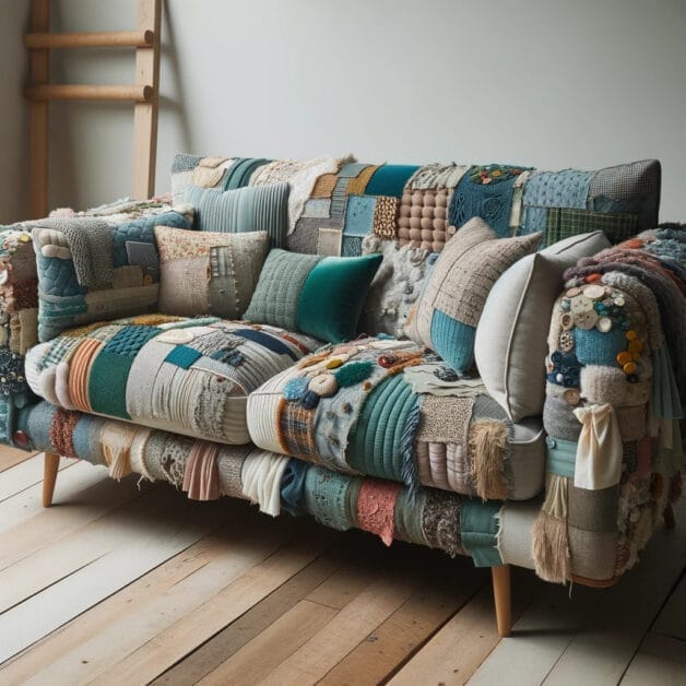 A recycled and Upcycled fabrics used for a cushion couch in a living room