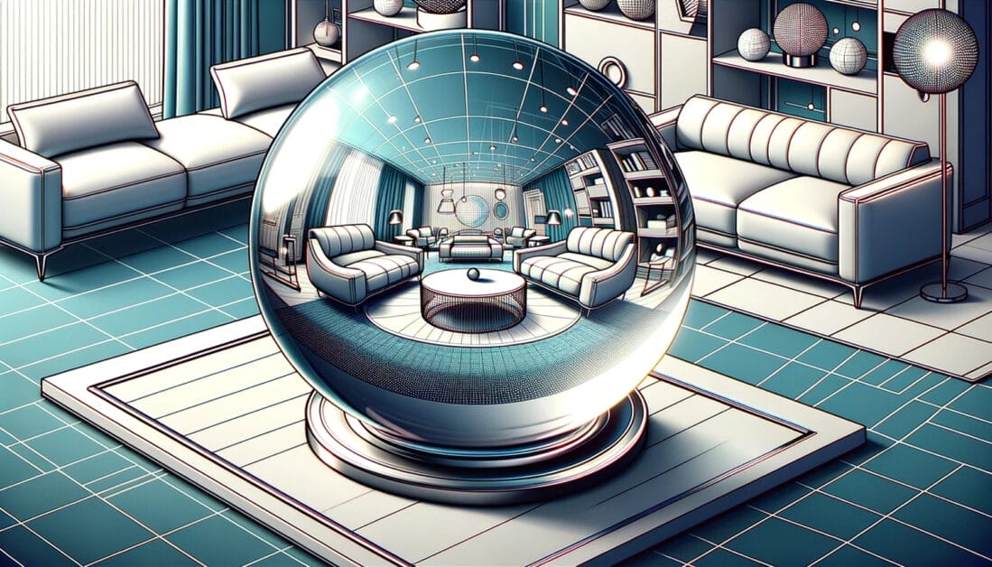 A 3D rendering of a living room showcasing a glass ball as an eye-catching element