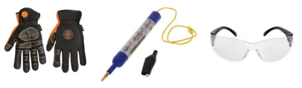 A pair of gloves, a pair of goggles an a device for voltage check