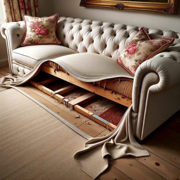 A couch with insufficient fabric and padding
