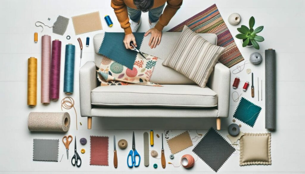 a top shot illustration of a man cutting a fabric in a couch with tools and materials around it