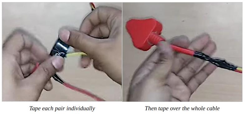 A collage of images taping wires 