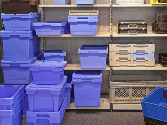 An organizer box in a storage area