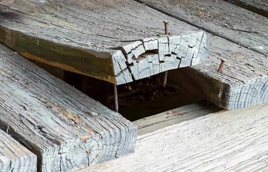 A decaying wooden deck