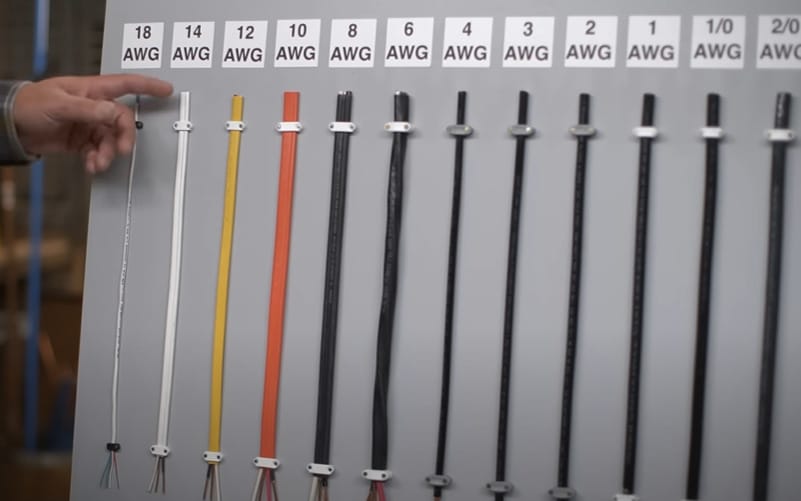 A man is pointing at a display of wires to determine what size wire is suitable for his stove
