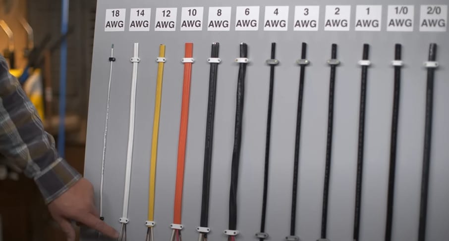 A man is pointing at a display of wires with different sizes