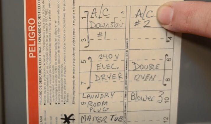 A person is checking the label of a circuit panel