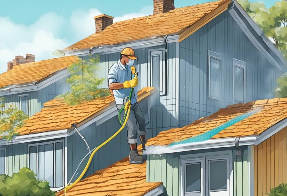 A person wearing yellow gloves and a cap is pressure washing the roof of a multi-story house with blue siding and yellow shingles.