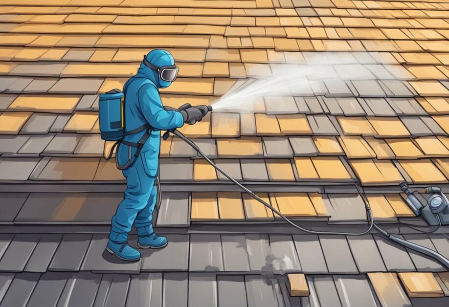 A person wearing protective gear cleans a roof with a pressure washer and applies a protective coating. They also inspect for any damage and make necessary repairs