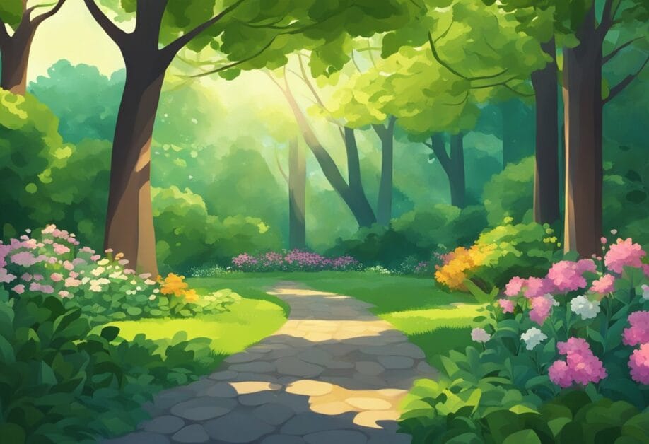 Lush green garden with blooming flowers in various colors, surrounded by tall trees and bushes. Sunlight filters through the leaves, casting dappled shadows on the ground
