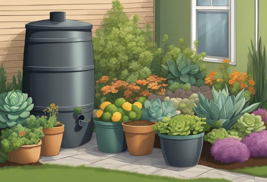 Lush garden with rain barrel, mulch, and drip irrigation. Native plants and succulents thrive in dry soil. Compost bin enriches the soil