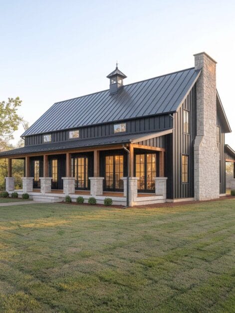 A modern barn-style house with a black metal roof, large windows, stone chimney, and a porch supported by stone columns. It is set on a grassy lawn with trees in the background, blending architectural elegance seamlessly as if it were an Auto Draft of nature's beauty.